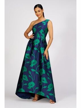 NWT Kay Unger Tiara Gown Navy Blue Emerald Green Floral Jacquard Formal Dress